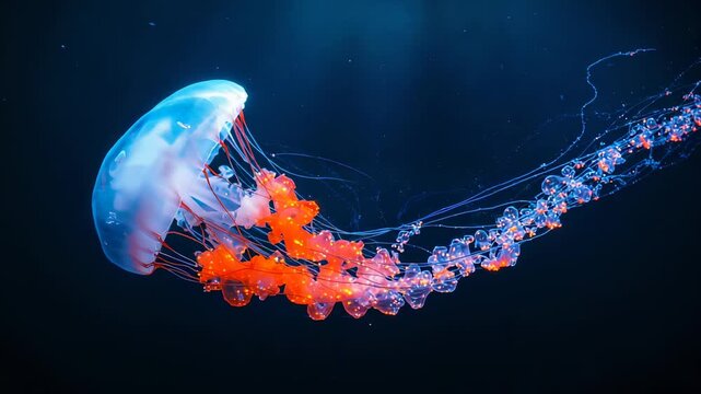 Pulsing jellyfish showing orange oral-arms and tentacles trailing beads in deep water, copy space