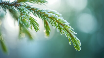 Close up of pine needles covered in frost with soft bokeh background cold
