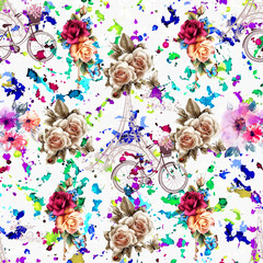 Rose pattern with bicycle and Eiffel Tower