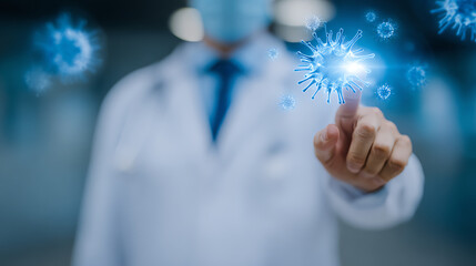 A healthcare professional interacts with digital virus models, symbolizing modern medical technology and the fight against infectious diseases.