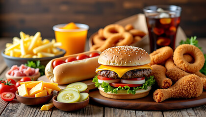 Fast Food Feast With Burgers Fries and Fried Chicken