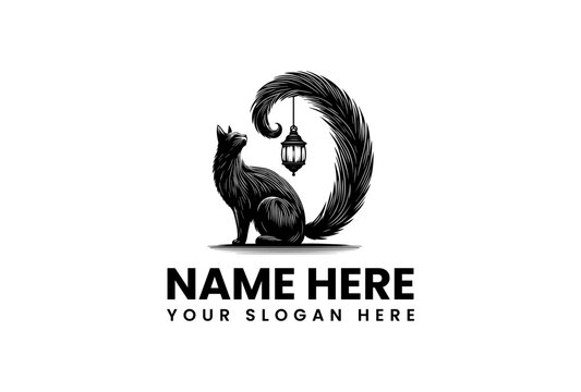 A black cat sitting next to a hanging lantern with a customizable logo and slogan on a white background, vector illustration. - Powered by Adobe