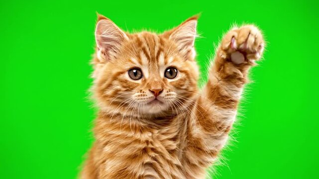ute orange kitten lifting its paw playfully against a green screen. Perfect for pet content, memes, and commercial projects.