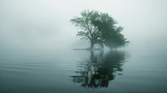 Subtle waves starting near tree reflection, solitary deciduous tree standing on tiny island in mist