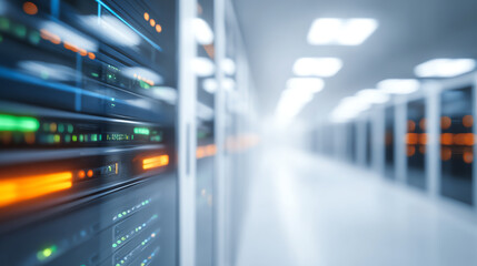 A modern data center with rows of servers and glowing lights, representing the backbone of digital infrastructure and connectivity.