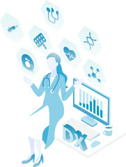 医療DXのデータを扱う女性医師のアイソメイラスト（Color variation）