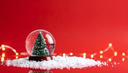 A snow globe with a miniature green Christmas tree inside, set against a vibrant red background with golden specks.