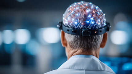 A researcher wearing an innovative brain scan device, highlighting the intersection of neuroscience and technology in modern studies.