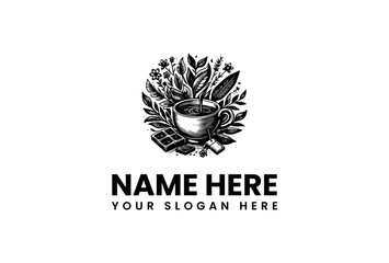 Black and white vector illustration of a leafy logo with a bowl surrounded by foliage and a placeholder text for a name and slogan on a clean white background.