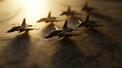 Jets hover above a battle strategy map, silhouetted against a golden light. The planes cast shadows on the intricate map lines, hinting at strategic planning and flight paths.