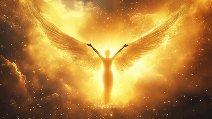 An angelic figure with radiant wings shines with golden light, symbolizing celestial being. This divine entity offers hope, insight, and enlightenment to all who sincerely seek its comforting presence