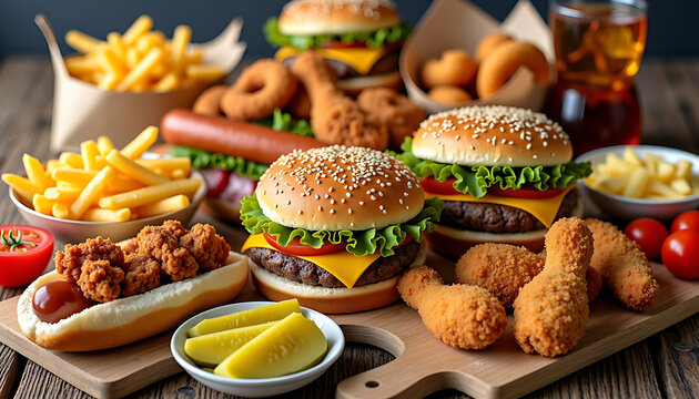 Fast Food Feast With Burgers Fries and Fried Chicken - Powered by Adobe