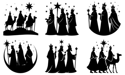 Three Wise Men Silhouettes with Stars and Camels on White Background magi kings 1