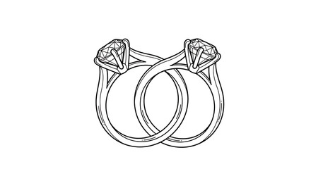 Two intertwined diamond engagement rings line art drawing isolated on transparent background