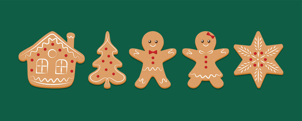 Merry Christmas banner, cards or background, design template. Homemade gingerbread man cookie theme concept, holiday fair and sale. Vector illustration.