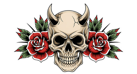 Traditional tattoo design of a horned skull with red roses isolated on transparent background