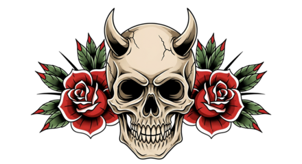 Traditional tattoo design of a horned skull with red roses isolated on transparent background