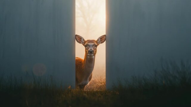 Peeking single doe shifting forward and observing camera through narrow gap in dark panels, rim-lit