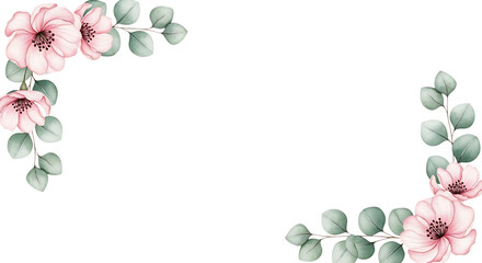 Watercolor pink flowers and eucalyptus leaves corner border frame isolated on transparent background