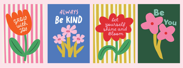Bright floral poster set and hand-lettered positive quotes. Playful kid-core style with bold stripes and vibrant colors. Perfect for nursery decor, kids’ rooms, classrooms, greeting cards, posters.