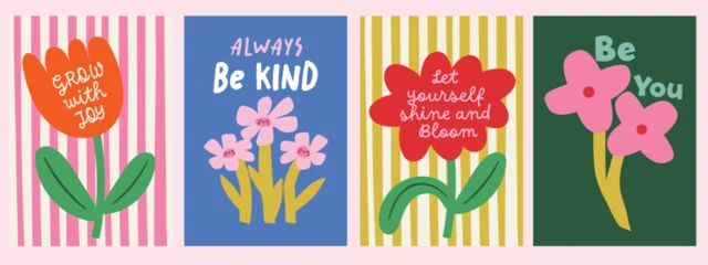 Fototapete Rund Positive Typografie Bright floral poster set and hand-lettered positive quotes. Playful kid-core style with bold stripes and vibrant colors. Perfect for nursery decor, kids’ rooms, classrooms, greeting cards, posters.  © sudevi