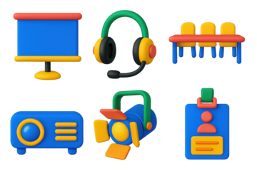3D Conference Icons. 3D icon set of conference center: large screen, headset mic, row of tables, projector, spotlight, badge stand