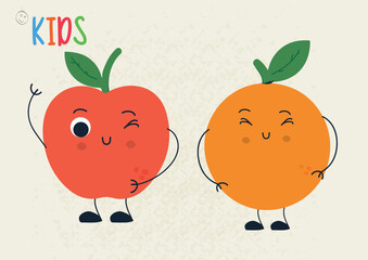 Cute Apple and Orange Characters, perfect for children s projects, educational materials, posters, packaging, games, and playful design content.