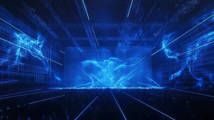 Futuristic digital concert stage with vibrant blue energy