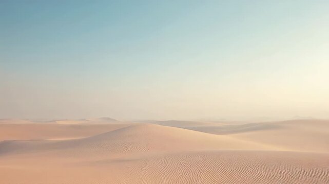 Moving camera slowly revealing foreground sand dune in sandy desert, showing ripple patterns