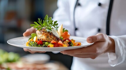 Chefs Exquisite Salmon Dish Vibrant Vegetables and Culinary Artistry.