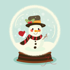 Cute Christmas snowman inside a glass snow globe. The smiling snowman wears a hat, scarf, and mitten, surrounded by falling snowflakes on a soft pastel background. Festive winter cartoon illustration 