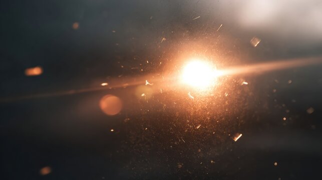 Golden sunlight flare and dust particles glowing through textured window, warm bokeh and cinematic film burn effect creating moody atmosphere