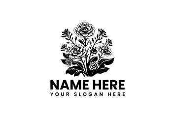 Black and white vector illustration of a floral logo with leaves and flowers, accompanied by placeholder text for a name and slogan on a clean white background.