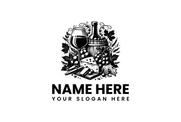 A black and white vector illustration of a wine logo with a bottle, glass, and foliage, set against a clean white background for customization.