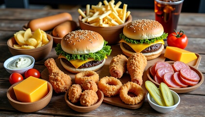 Fast Food Feast With Burgers Fries and Fried Chicken