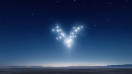 Naklejka premium Starry Night Sky with a V-shaped Constellation Formation over a Serene Landscape and Calm Waters Reflecting the Twilight Horizon