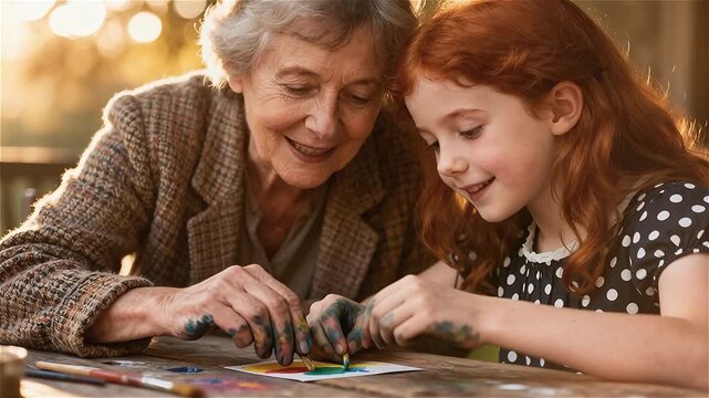 Abuela y su nieta pelirroja haciendo manualidades en una mesa de madera rústica