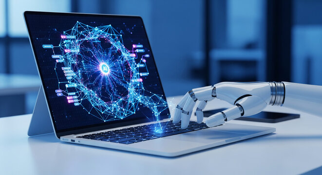 Laptop displays a complex network with AI text, a robotic hand typing. Represents artificial intelligence, automation, and future technology concept - Powered by Adobe