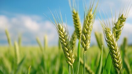 Golden Wheat Field CloseUp of Grain Ears Against a Blue Sky.