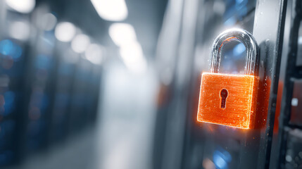Close-up of a glowing padlock on a server, symbolizing data security and protection in digital environments.