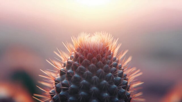 Catching single spiky plant bud soaking up rising sun backlight at sunrise, revealing fine hairs