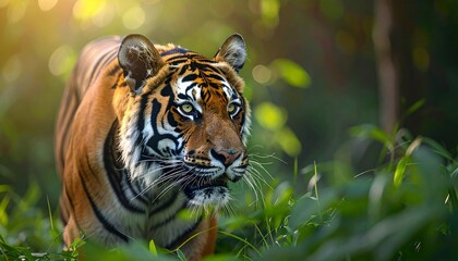 Obraz premium A beautiful striped sumatra tiger is a powerful wild feline predator in the jungle or zoo