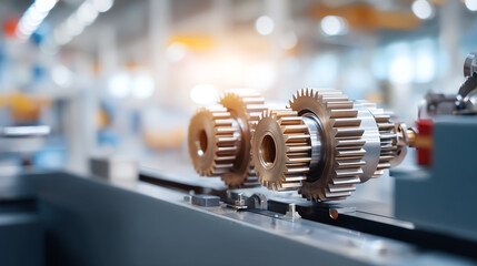 Close-up of metallic gears in a modern industrial setting, highlighting precision engineering and mechanical intricacies.