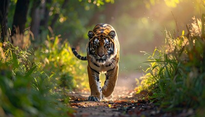 A beautiful striped sumatra tiger is a powerful wild feline predator in the jungle or zoo