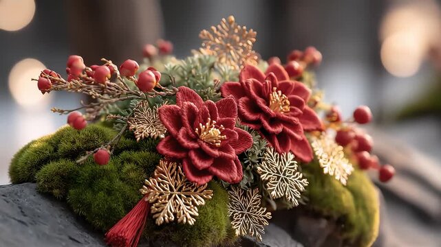 Exquisite Christmas Festive Floral Arrangement with Golden Snowflakes