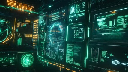 Futuristic digital interface displaying data and information on screens - Powered by Adobe