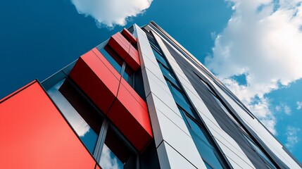 Modern Architecture Red and White Building Reaching for the Sky with Clouds.