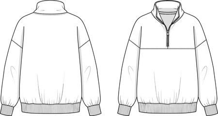 Half zip pullover technical fashion flat, front and back CAD template, sweatshirt vector sketch, apparel design illustration, sewing pattern reference © Nilufa Creative