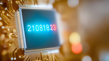 Close-up view of a microchip with glowing numbers, showcasing advanced technology in a digital world.