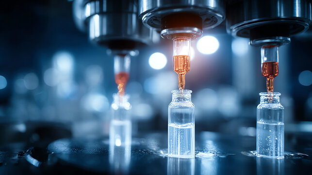 Close-up view of a high-tech pharmaceutical production line filling glass vials with liquid for medicinal use in a sterile environment.